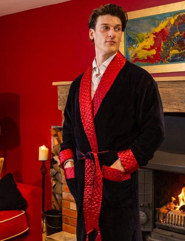 Bown Of London Mayfair Long Velvet Navy Smoking Jacket Robe Size *