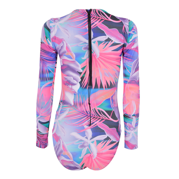 Bown Of London Pink Paradise Long Sleeve Back Zip One-Piece Swimsuit Size *