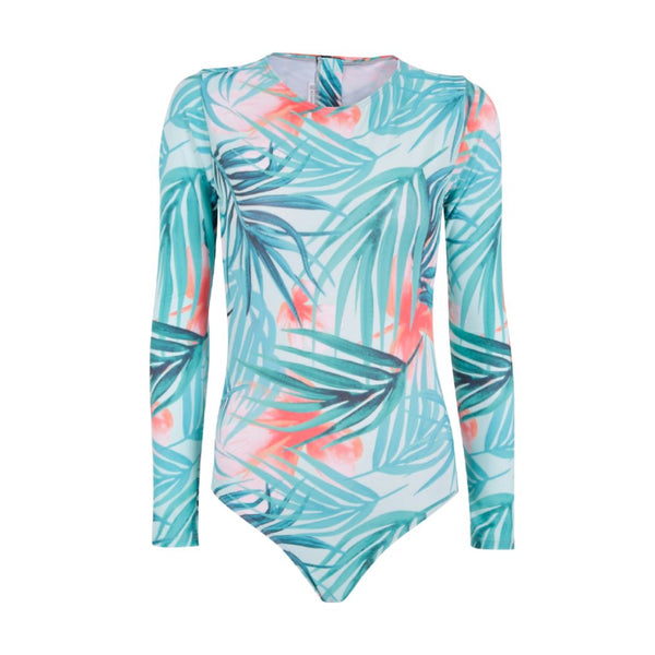 bown of london Turquoise Sunrise Long Sleeve Back Zip One-Piece Swimsuit Size *