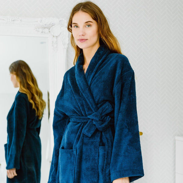 Bown Of London Women's Towelling Cotton Dressing Gown - Navy Blue Size *