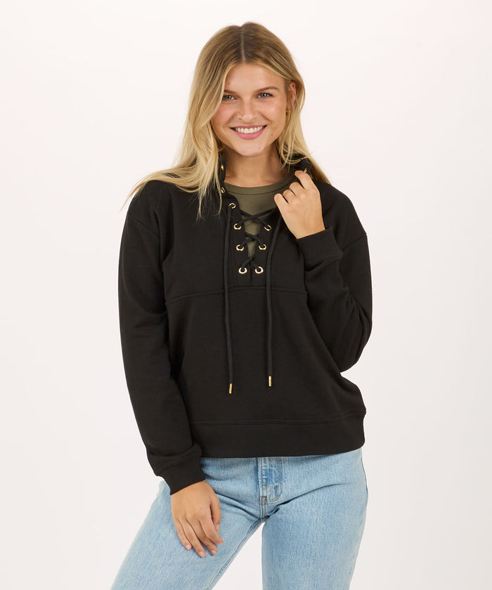 boxercraft Women's Long Sleeve Lace Up Pullover Black