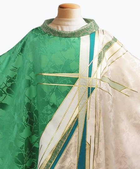 Bramante Green & White Stained Glass Cross Chasuble