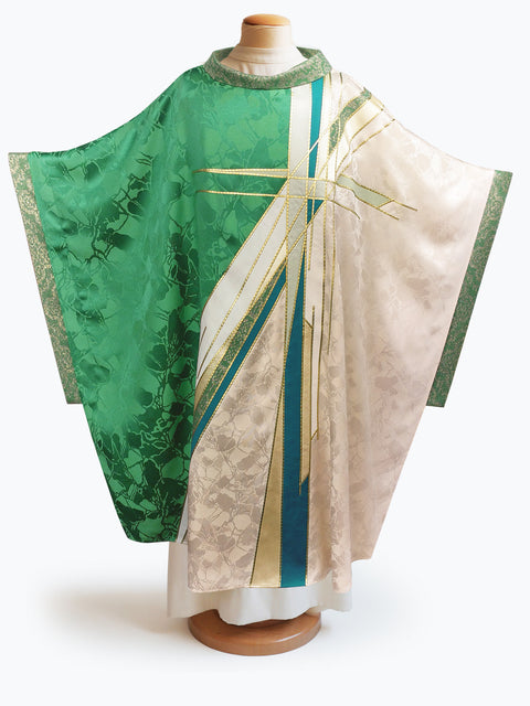 bramante Green & White Stained Glass Cross Chasuble