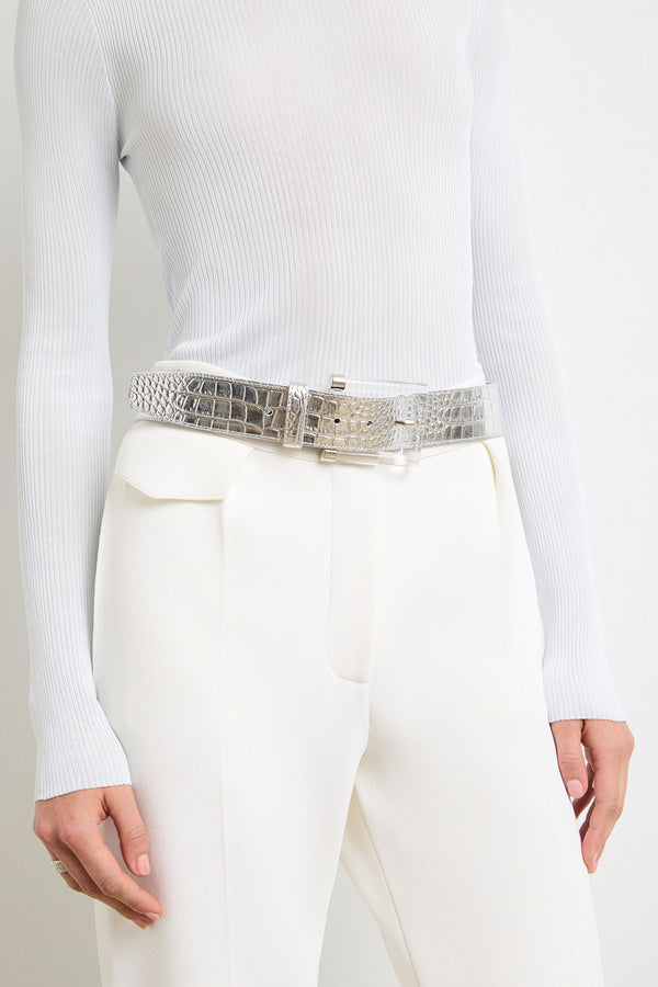 Brandon Maxwell The Leather Croc Belt In Silver