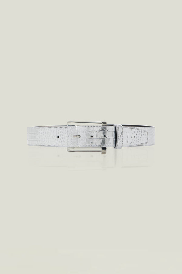 brandon maxwell The Leather Croc Belt in Silver
