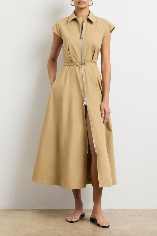brandon maxwell The Exclusive Jace Short Sleeve Collared Dress in Khaki