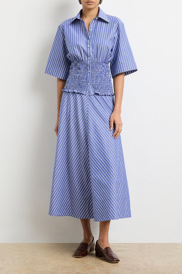 Brandon Maxwell The Harte Smocked Button Up Top In Navy Striped Cotton