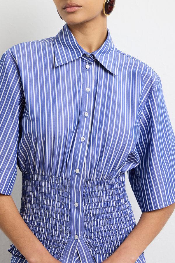 brandon maxwell The Harte Smocked Button Up Top in Navy Striped Cotton