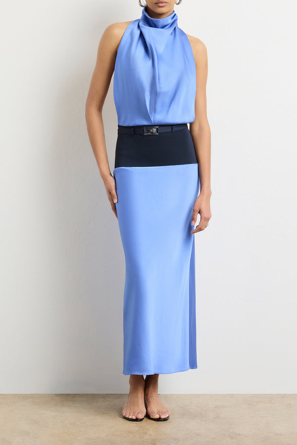 brandon maxwell The Larissa Midi Dress in Combo Knit Blue Yoke in French Blue