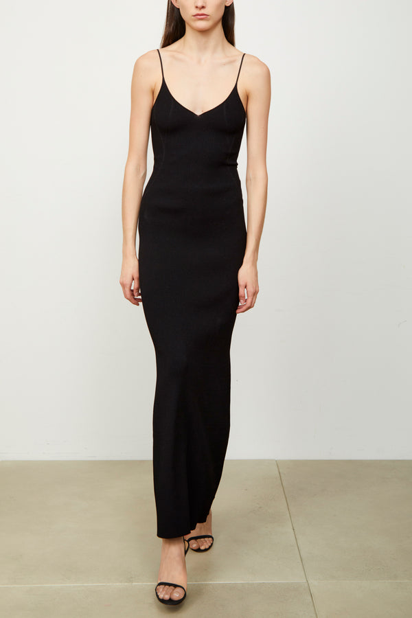brandon maxwell The Maeve Ankle Length Ribbed Knit Dress in Black