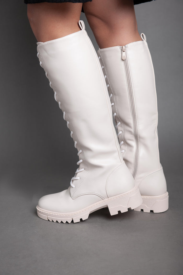 Bree Chunky Biker Lace High Boot - Beige