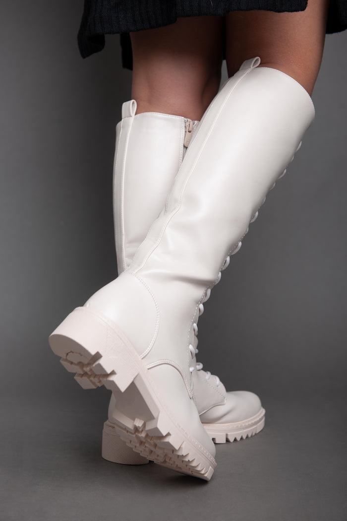 Bree Chunky Biker Lace High Boot - Beige