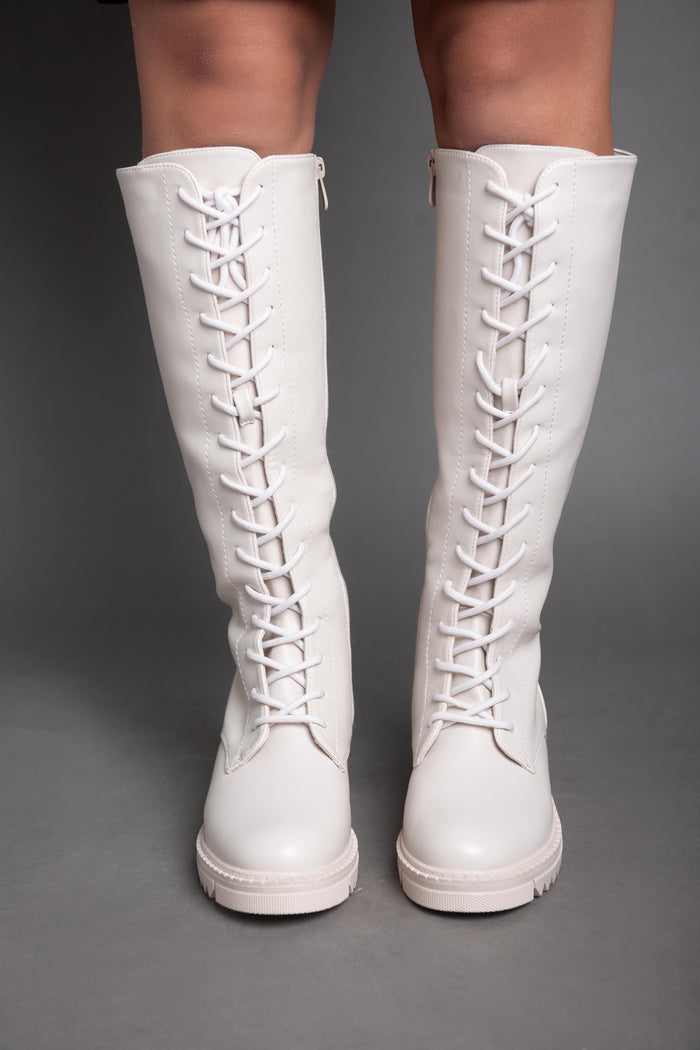 bree Chunky Biker Lace High Boot - Beige
