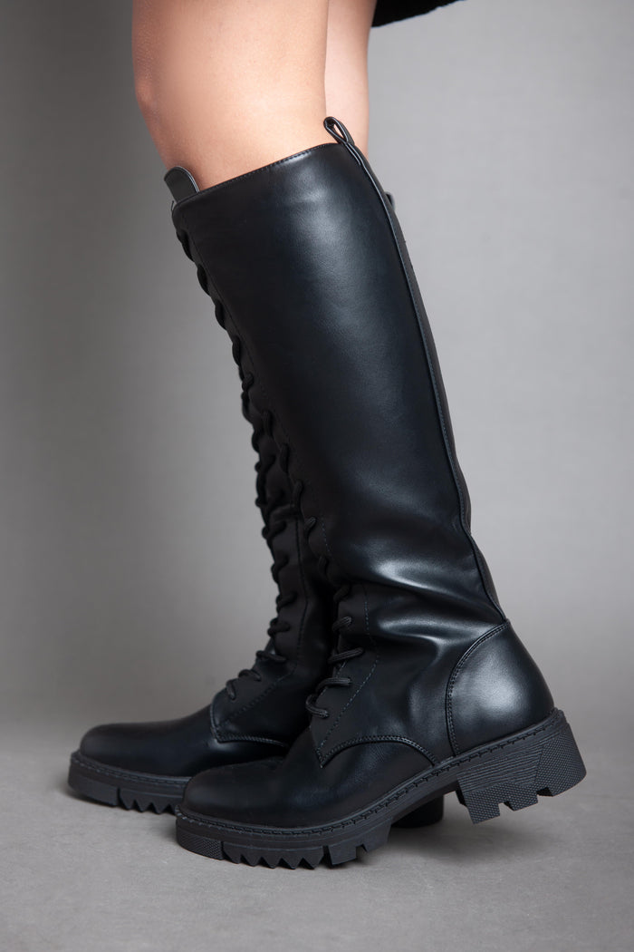 Bree Chunky Biker Lace High Boot - Black