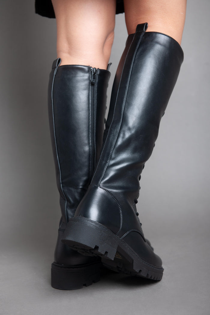 Bree Chunky Biker Lace High Boot - Black