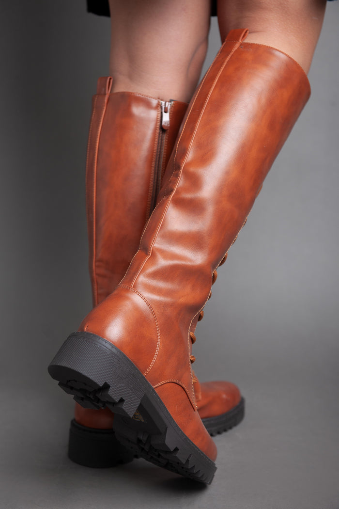 Bree Chunky Biker Lace High Boot - Camel
