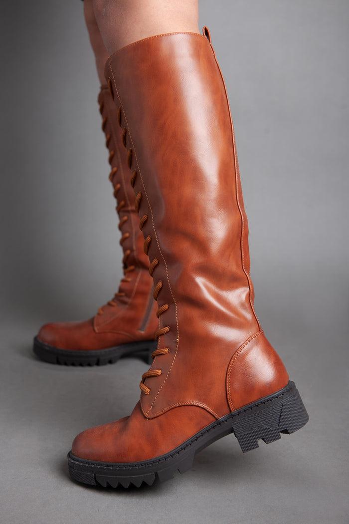 Bree Chunky Biker Lace High Boot - Camel