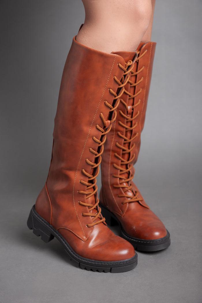 bree Chunky Biker Lace High Boot - Camel