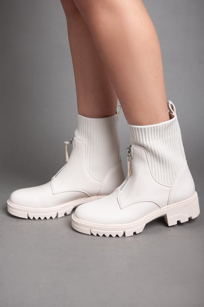 Bree Chunky Zip Up Ankle Boots - Beige
