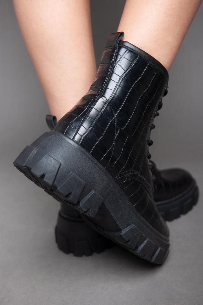 Bree Croc Leather Biker Ankle Boot - Black