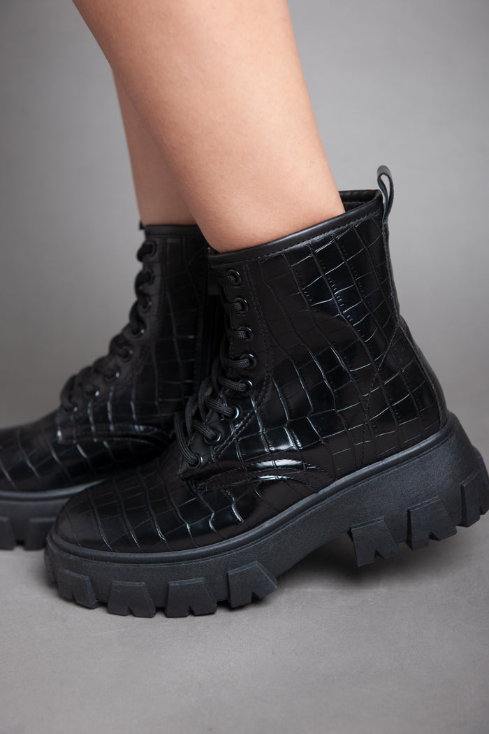 Bree Croc Leather Biker Ankle Boot - Black
