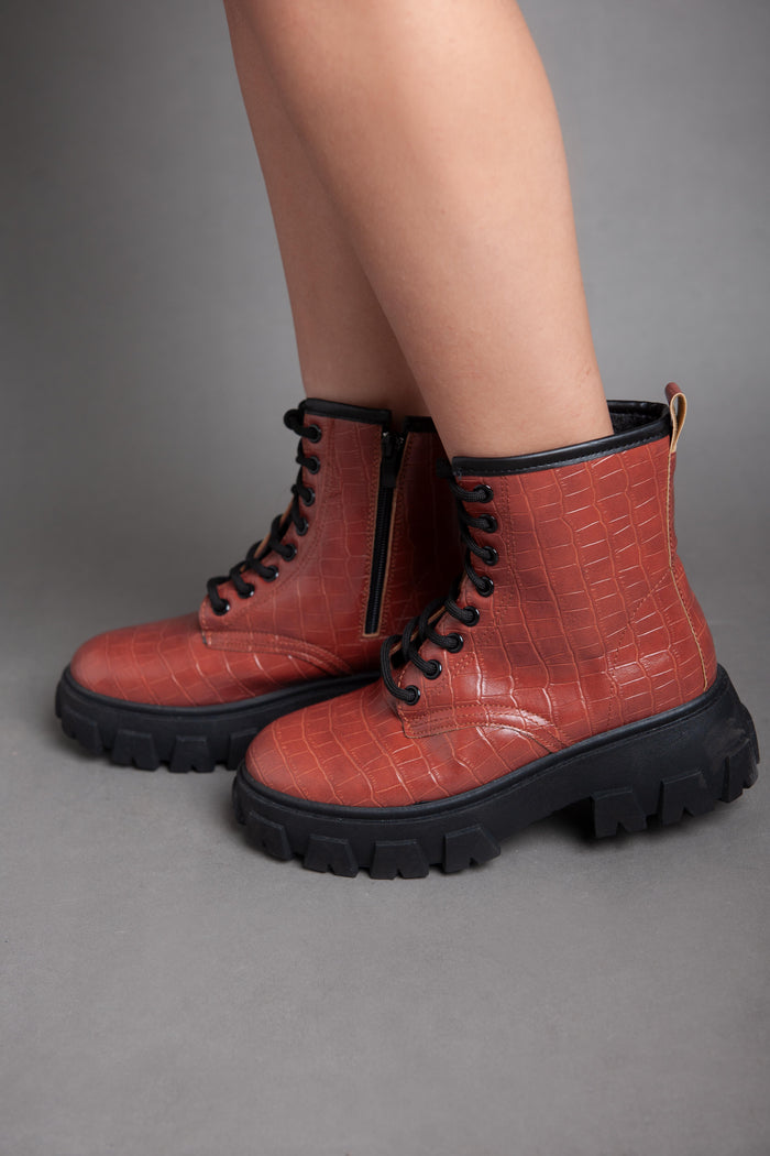 Bree Croc Leather Biker Ankle Boot - Camel