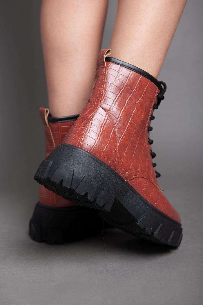 Bree Croc Leather Biker Ankle Boot - Camel