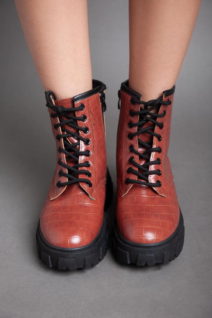 bree Croc Leather Biker Ankle Boot - Camel