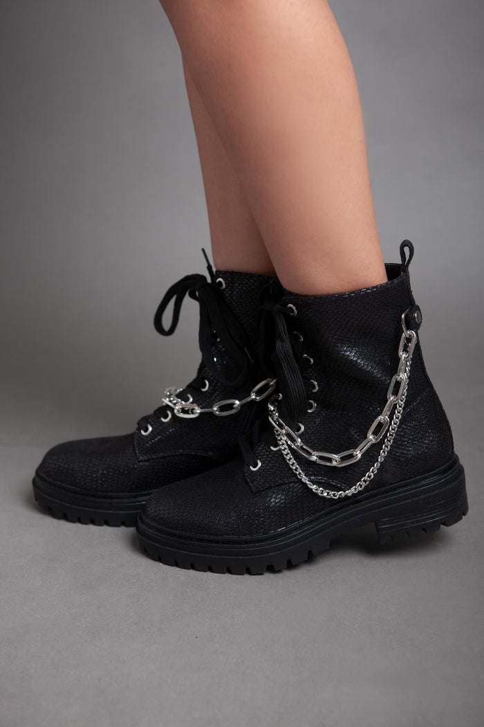 Bree Croc Leather Chains Ankle Boot - Black