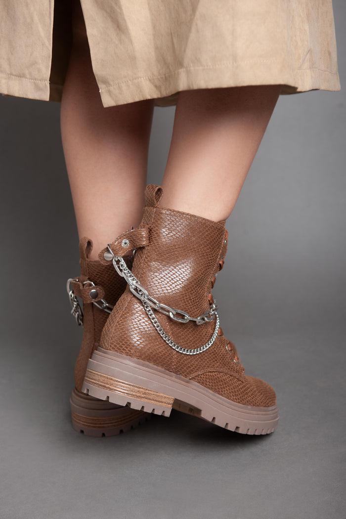 Bree Croc Leather Chains Ankle Boot - Camel
