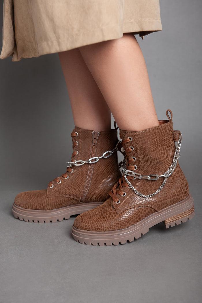 Bree Croc Leather Chains Ankle Boot - Camel