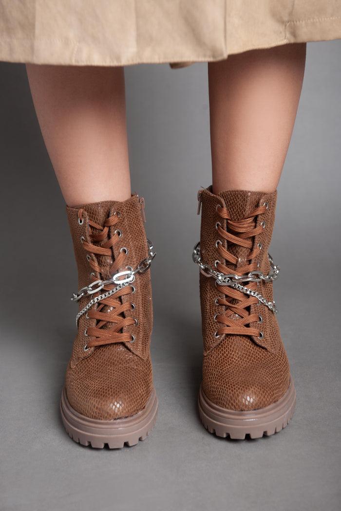 bree Croc Leather Chains Ankle Boot - Camel