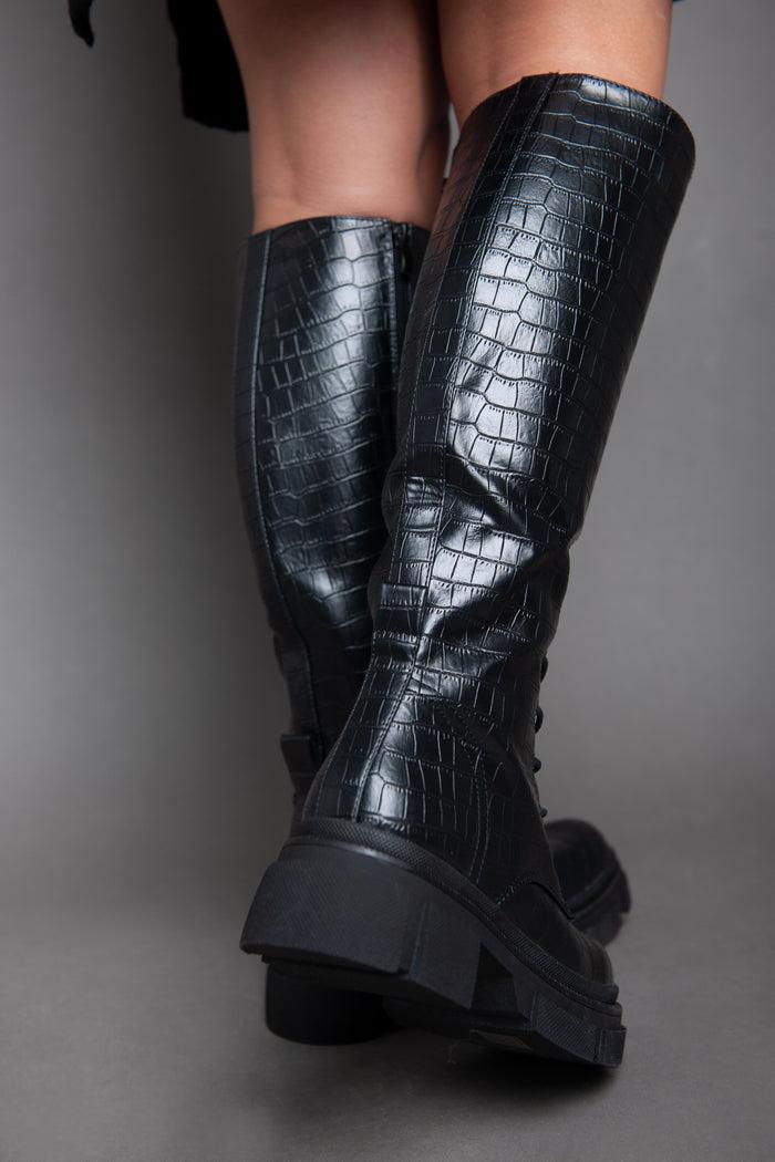 Bree Croc Leather High Boot - Black