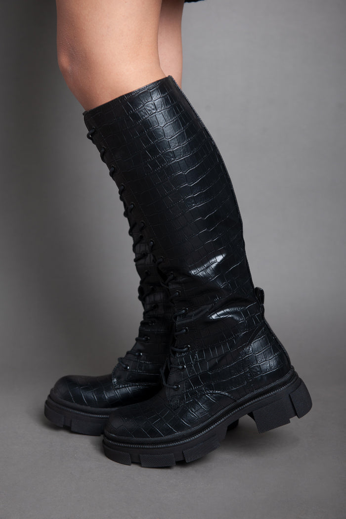 Bree Croc Leather High Boot - Black