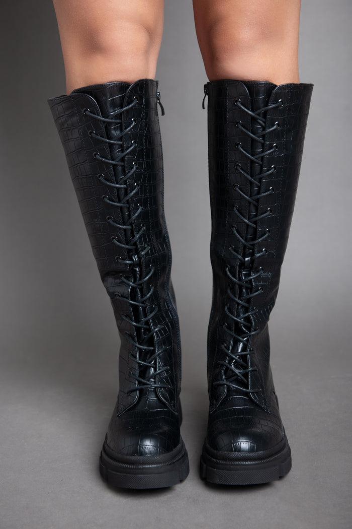 bree Croc Leather High Boot - Black