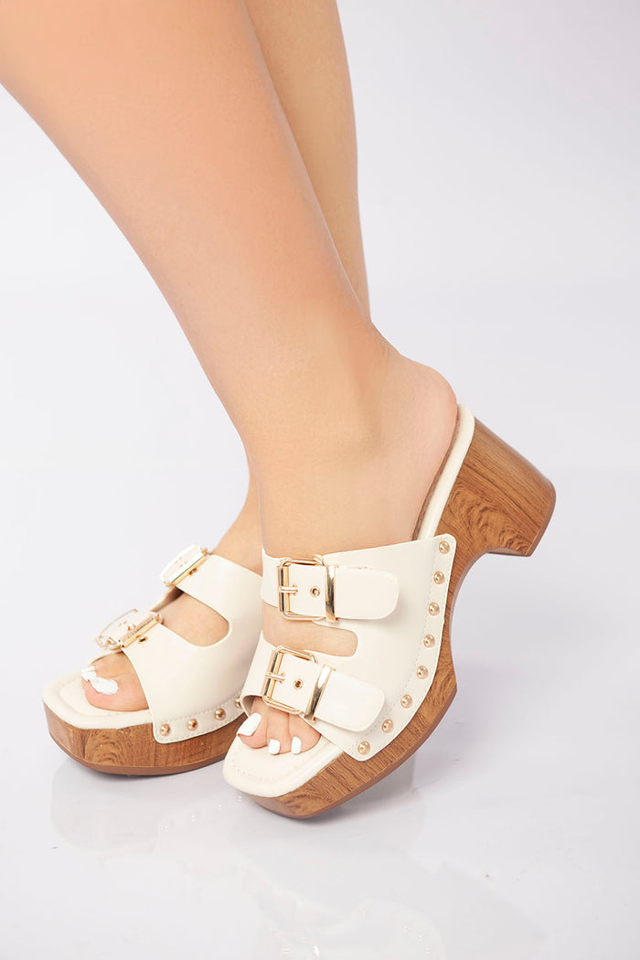 Bree Double Buckle Clog Heel Sandal - Beige