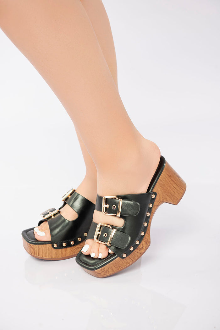 Bree Double Buckle Clog Heel Sandal - Black