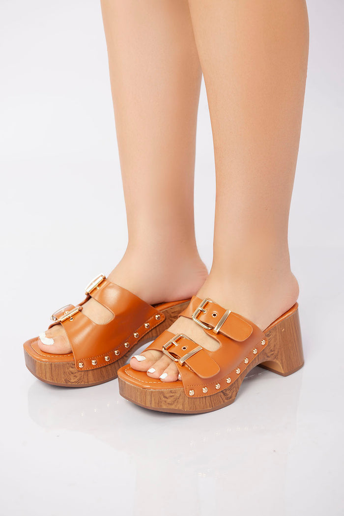 Bree Double Buckle Clog Heel Sandal - Camel
