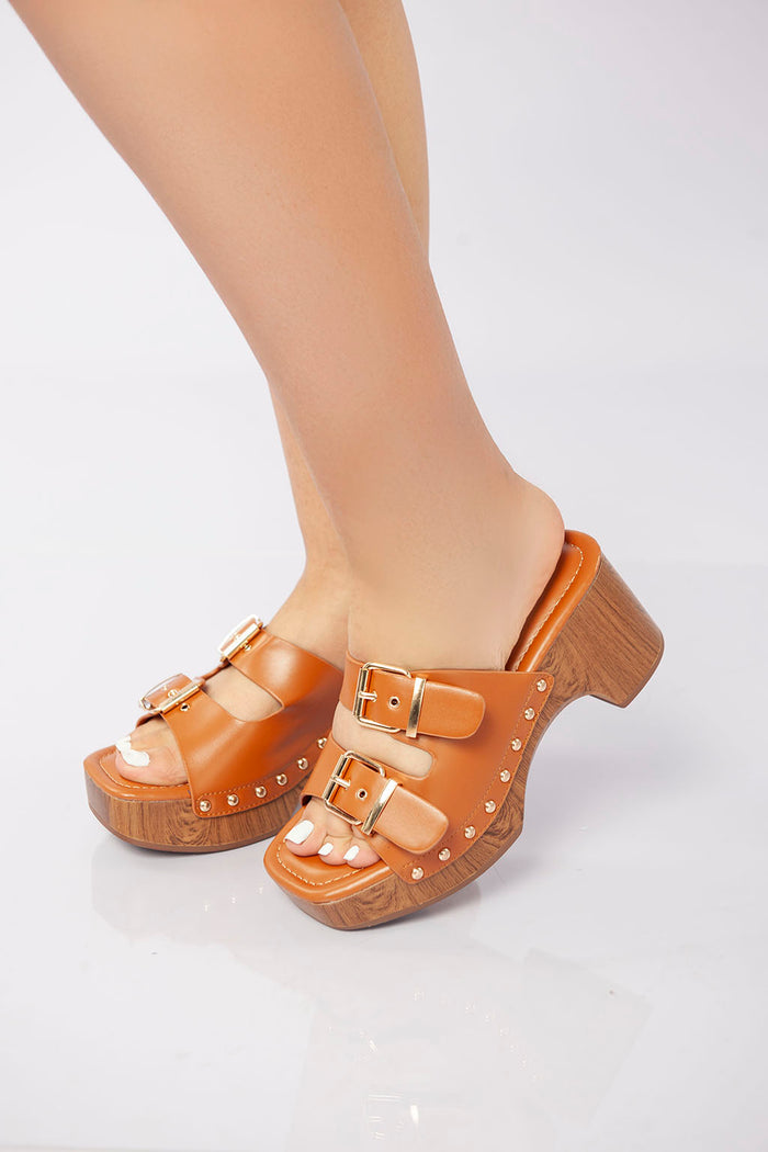 Bree Double Buckle Clog Heel Sandal - Camel