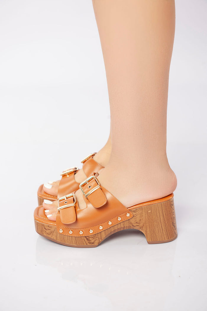 bree Double Buckle Clog Heel Sandal - Camel