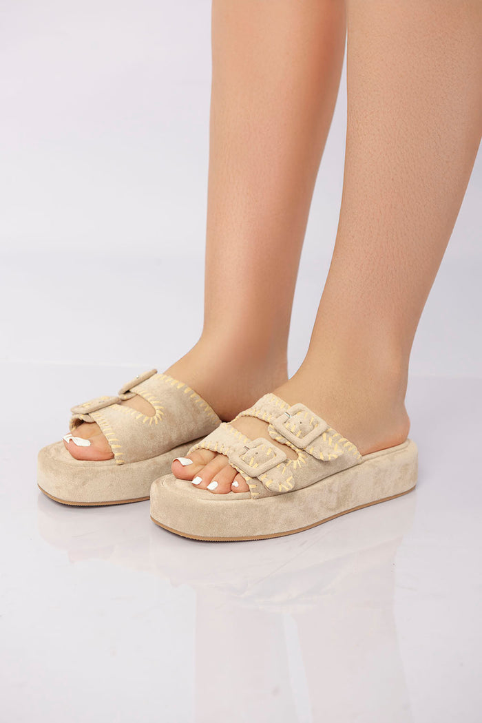 Bree Double Buckle Platform Slide - Beige