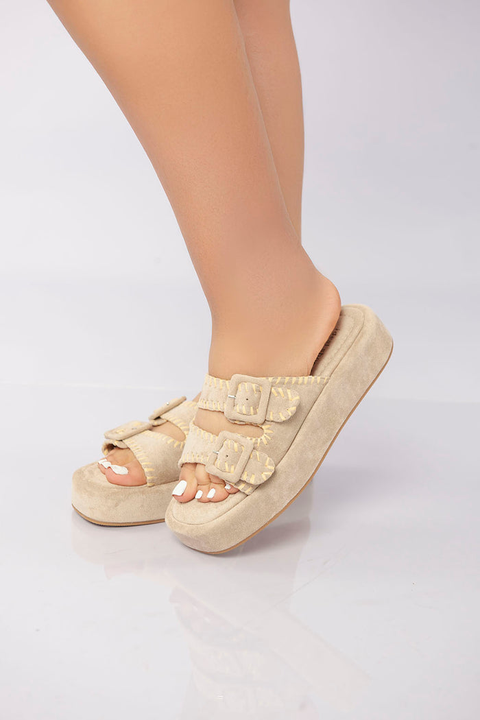 Bree Double Buckle Platform Slide - Beige
