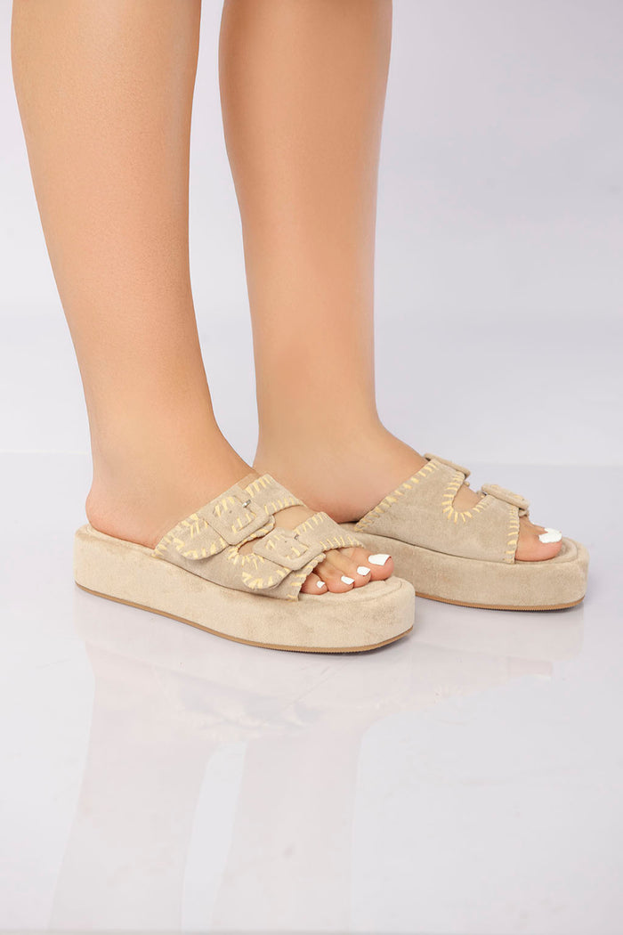 Bree Double Buckle Platform Slide - Beige