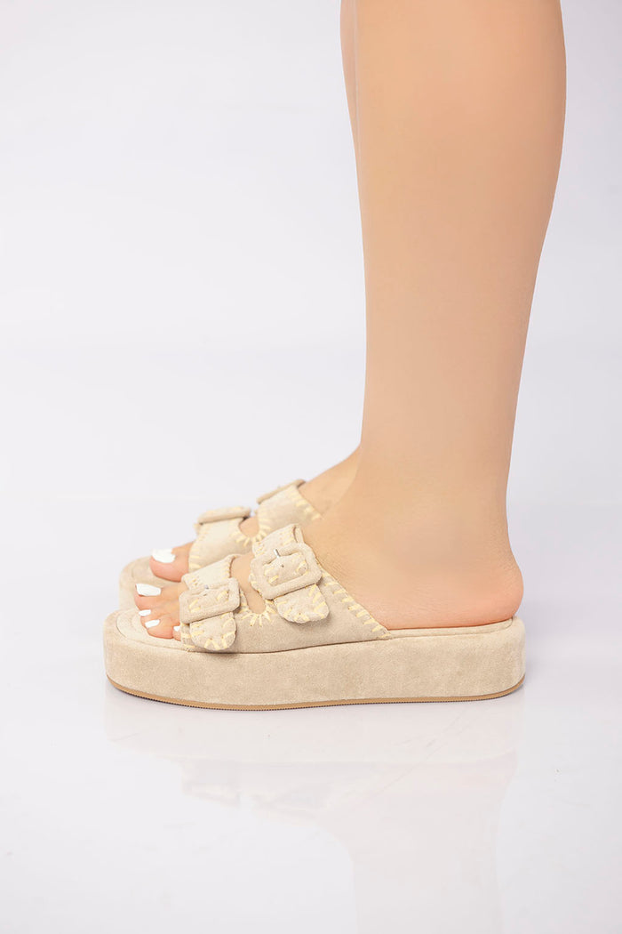 bree Double Buckle Platform Slide - Beige