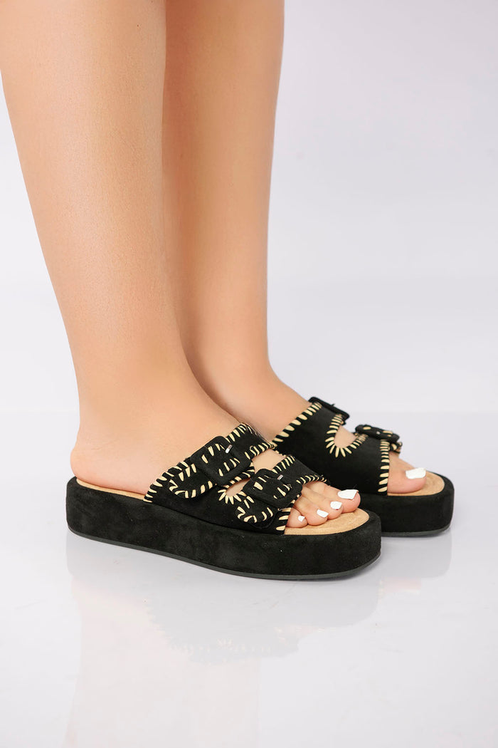 Bree Double Buckle Platform Slide - Black