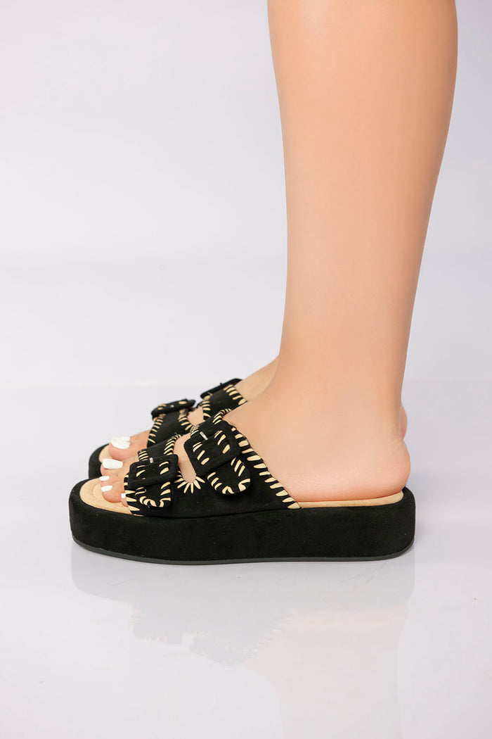 bree Double Buckle Platform Slide - Black