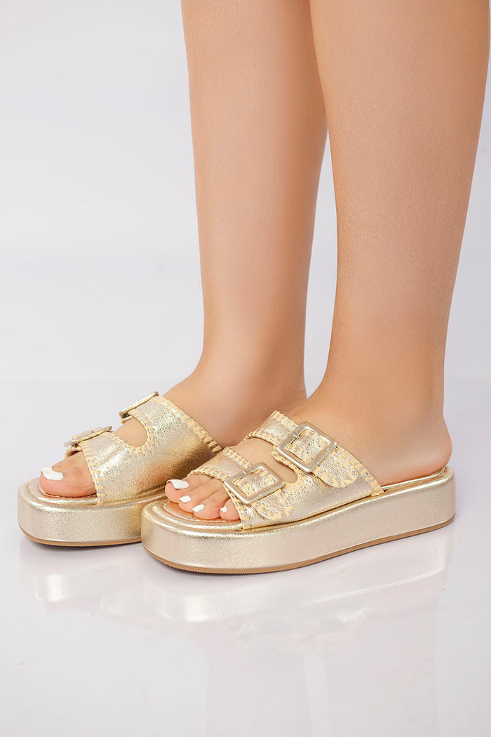 Bree Double Buckle Platform Slide - Gold