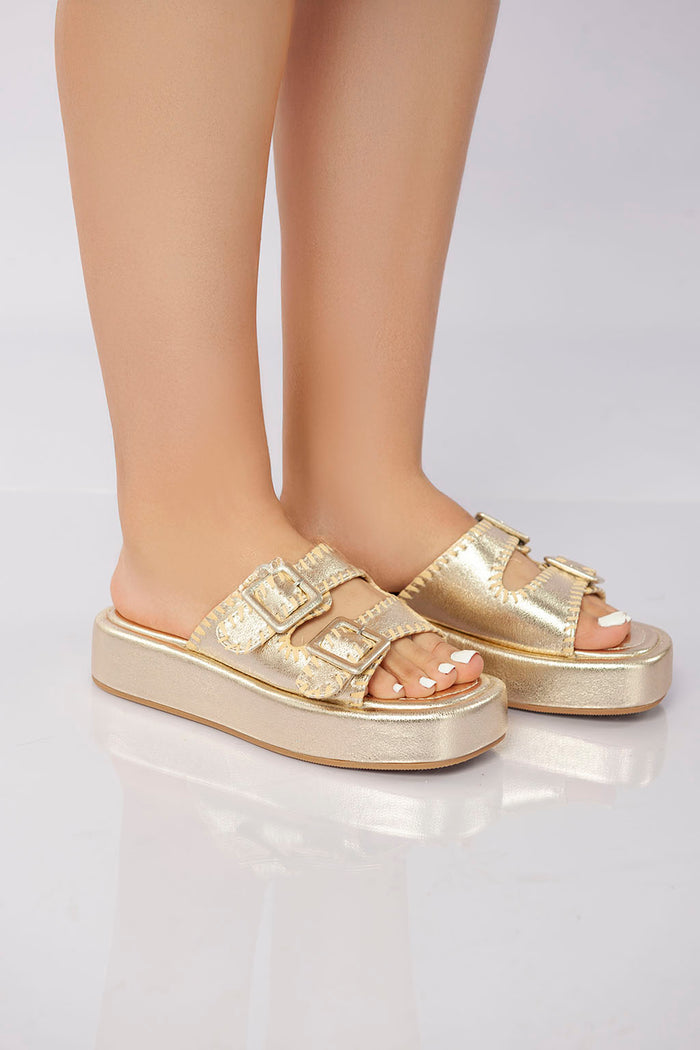 Bree Double Buckle Platform Slide - Gold