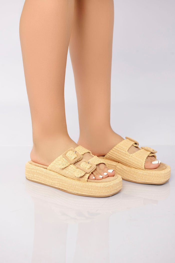 Bree Double Buckle Platform Slide - Khaki