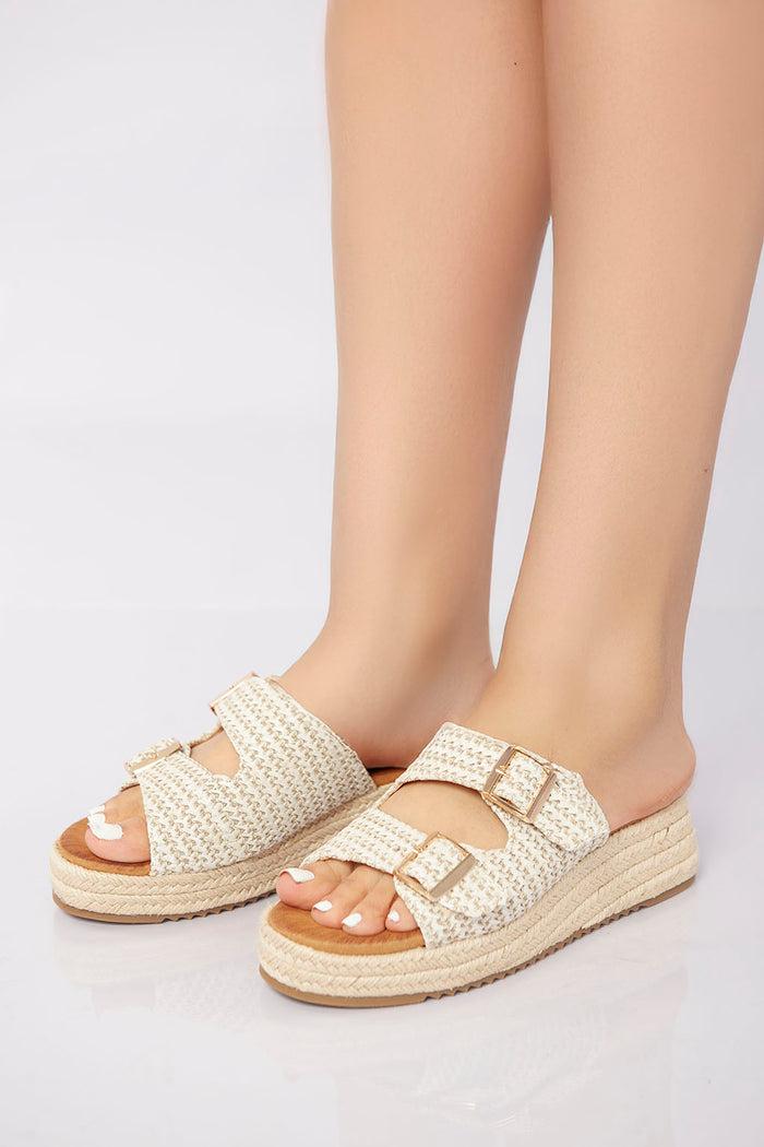 Bree Double Buckle Woven Platform Slide - Beige